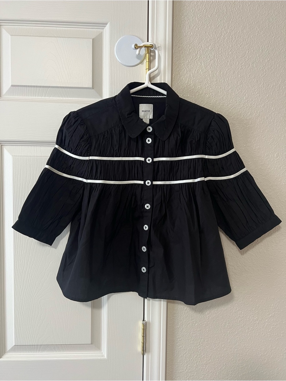 Maeve Anthropologie Leandra Shirred Yoke Blouse Black White Size Small
